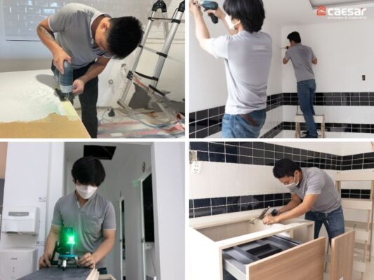 Đội ngũ Caesar đang thi công lắp đặt tủ bếp