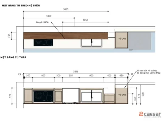 Bản vẽ thiết kế 2D mặt bằng tủ bếp