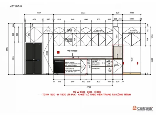 Bản vẽ thiết kế 2D mặt đứng tủ bếp 