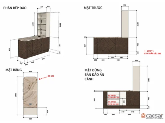thiết kế 2D bàn đảo Thảo Điền Pearl