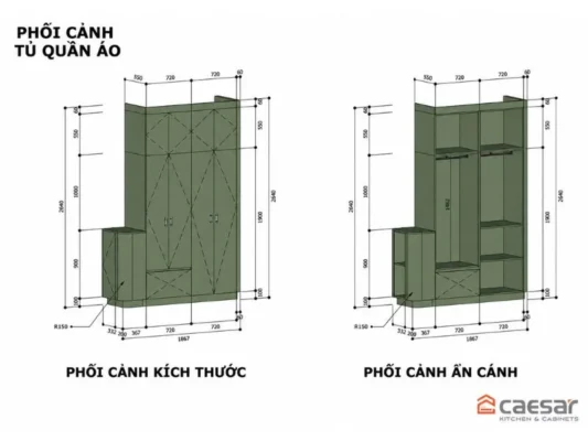 Bản vẽ 2D phối cảnh kích thước tủ quần áo