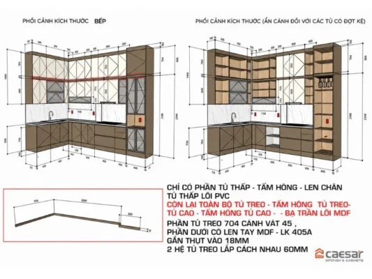 Bản vẽ thiết kế 2D phối cảnh kích thước bếp