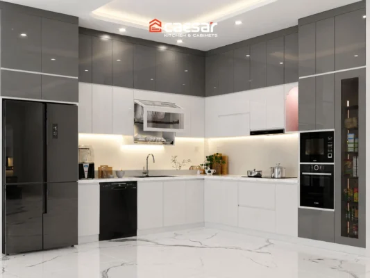 Mẫu tủ bếp âm tường kết hợp hệ tủ kho