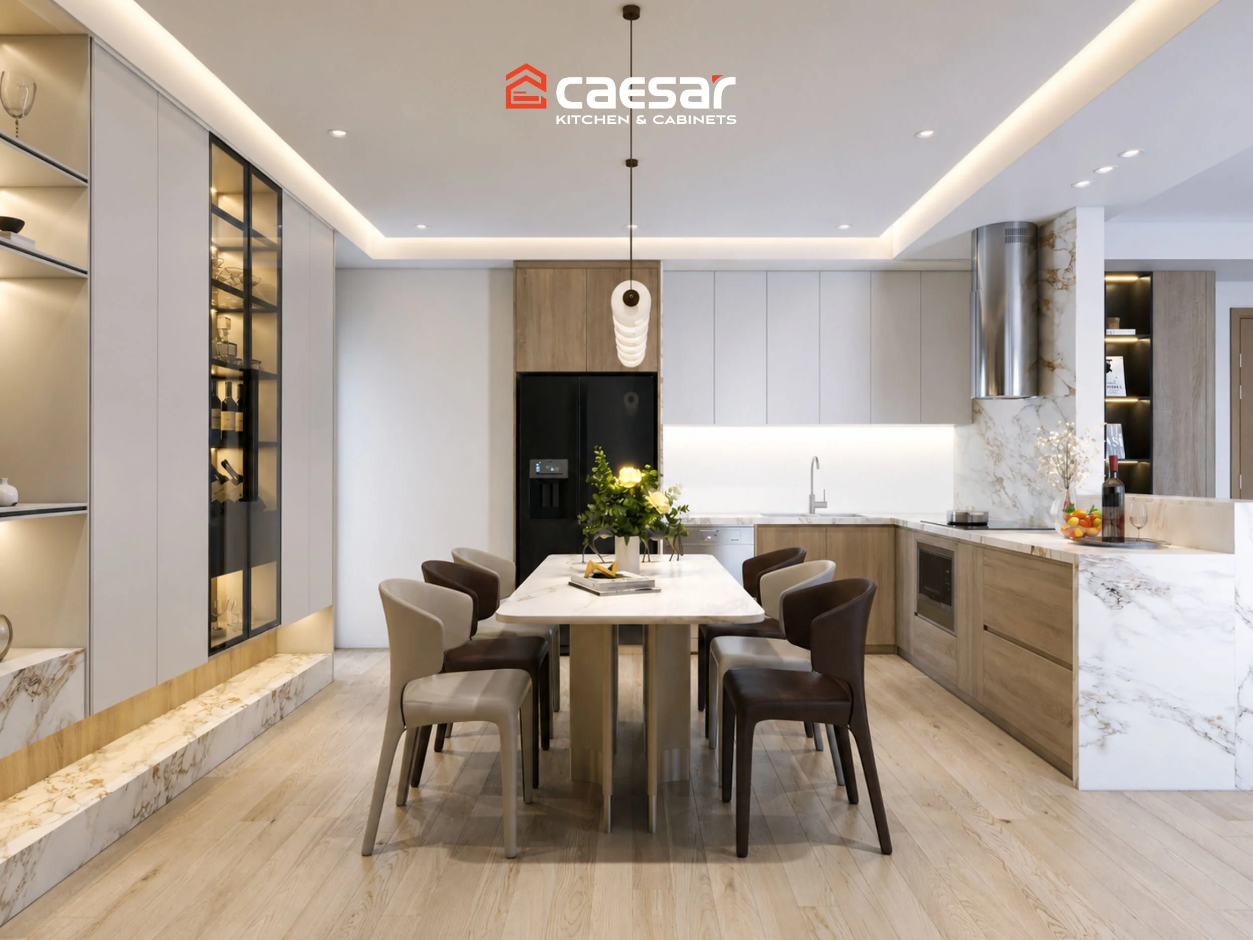 Thiết kế tủ bếp liền tường màu trắng hiện đại