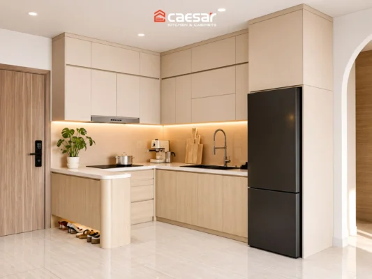 mẫu tủ bếp chung cư hiện đại chữ L màu trắng