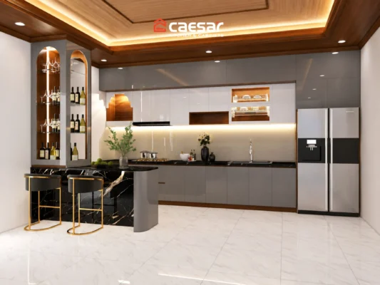 Mẫu tủ bếp có quầy bar cao cấp màu xám