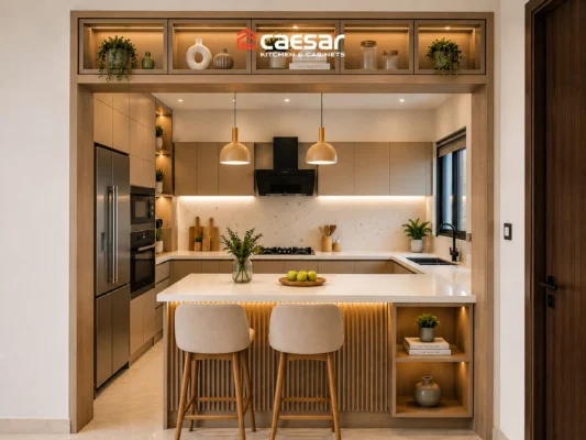 Mẫu tủ bếp có quầy bar đẹp cho nhà phố