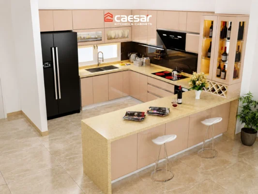 Mẫu tủ bếp có quầy bar màu kem hiện đại