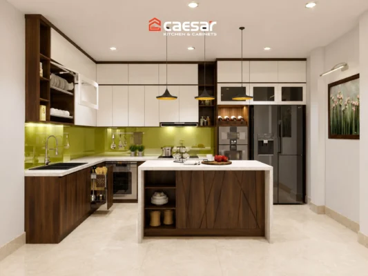 Mẫu tủ bếp có quầy bar chữ L hiện đại
