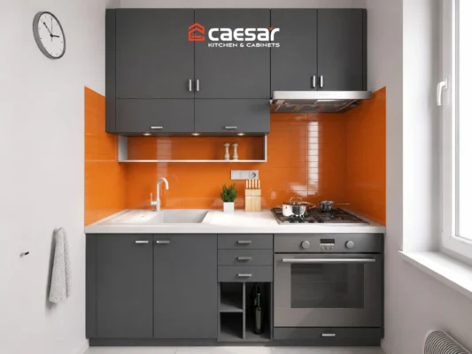 Tủ bếp 2m màu xám kết hợp backsplash màu cam