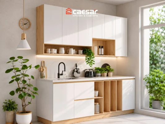 Tủ bếp dài 2m màu trắng gỗ tận dụng không gian lưu trữ
