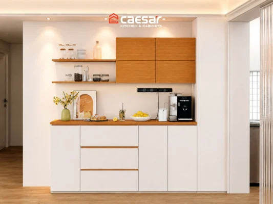 Mẫu tủ bếp dài 2m màu trắng gỗ phong cách tối giản