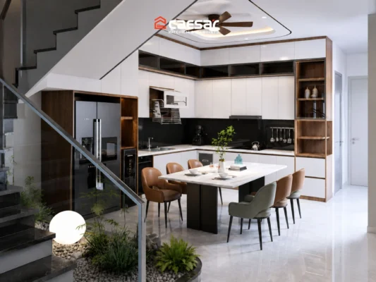tủ bếp chữ L kết hợp cầu thang