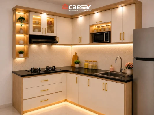Thiết kế tủ chữ L màu kem có đèn LED