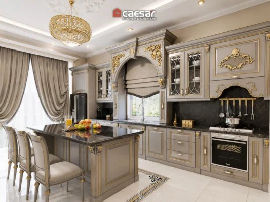 mẫu tủ bếp tân cổ điển màu xám kết hợp chi tiết mạ vàng