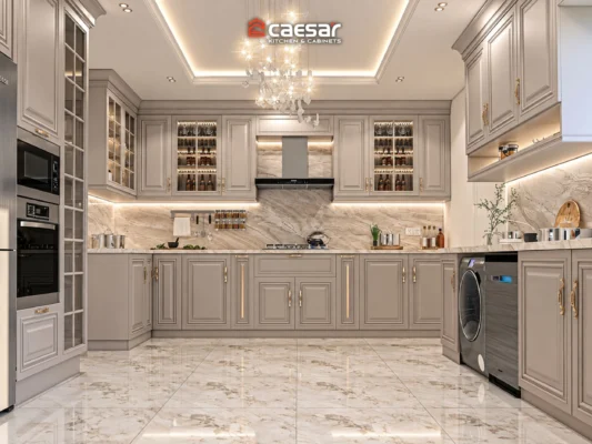 thiết kế tủ bếp tân cổ điển màu xám trắng