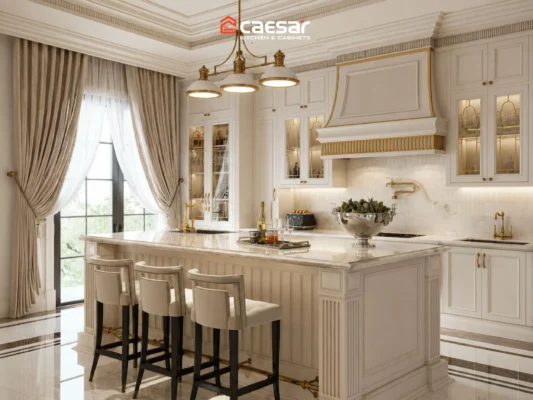 tủ bếp phong cách tân cổ điển có bàn đảo
