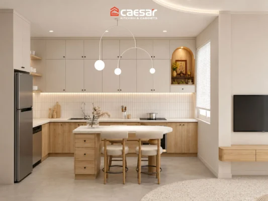 Mẫu tủ bếp có bàn thờ Ông Táo đẹp kết hợp bàn đảo hiện đại