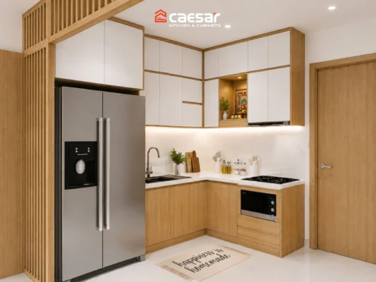 Tủ bếp chữ L có bàn thờ Ông Táo âm trong hệ tủ