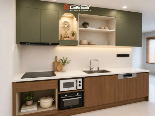 Tủ bếp xanh rêu kết hợp khu vực thờ trong hệ tủ trên